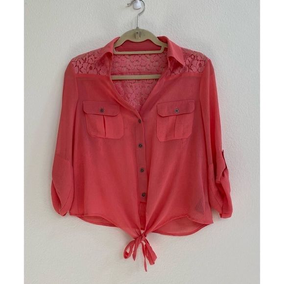 Tops - Womens Orange Sheer Tie Front Button Up Lace Back in size Medium